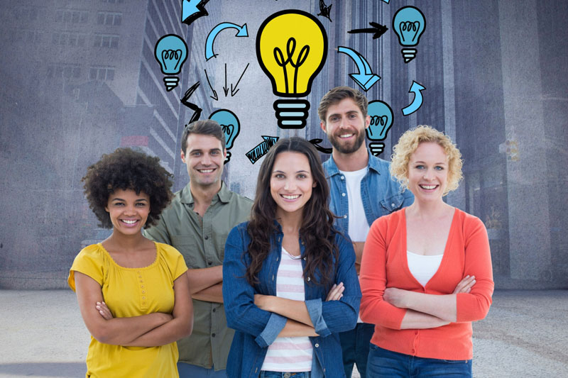 creative businessmen with drawn bulbs